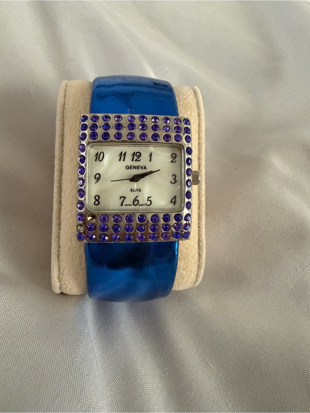 Geneva Blue Bangle Watch with Rhinestone Cuff bracelet